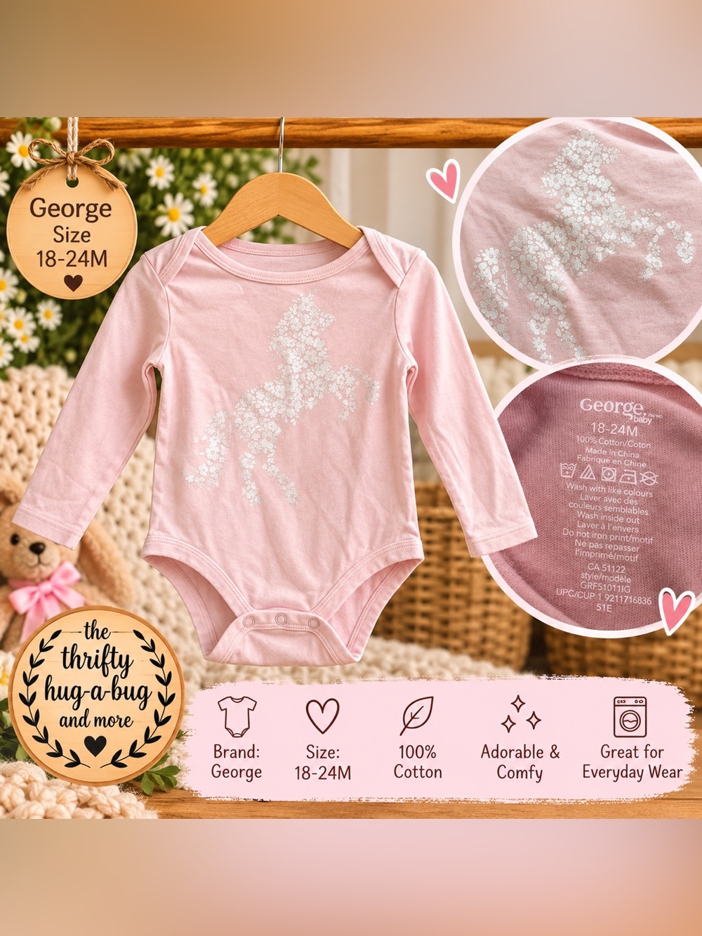 George Baby Floral Unicorn Long Sleeve Bodysuit | 18–24M | 100% Cotton